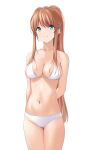  1girl absurdres aqua_eyes arm_behind_back breasts brown_hair cleavage collarbone cowboy_shot highres long_hair looking_at_viewer marui_koishi medium_breasts navel original ponytail sidelocks solo standing 