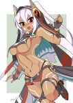  1girl azur_lane bangs black_gloves black_panties blush bodypaint breast_curtain breasts cloak crossed_bangs dark_skin dark_skinned_female facepaint fingerless_gloves fur-trimmed_cloak fur_trim gloves hair_between_eyes highleg highleg_panties highres leg_strap long_hair looking_at_viewer medium_breasts minneapolis_(azur_lane) native_american navel open_mouth panties red_eyes revealing_clothes seo_tatsuya solo twitter_username underboob underwear white_hair 