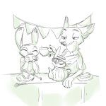  1:1 2020 anthro beverage cake canid canine clothed clothing cup cutlery dessert dipstick_ears disney eyes_closed eyewear fennec finnick food fork fox fur hi_res holding_beverage holding_cup holding_object judy_hopps kitchen_utensils lagomorph leporid mammal monochrome multicolored_ears nick_wilde oimotomeru91 pie plate rabbit red_fox shirt simple_background size_difference sketch smile sunglasses tea_pot tools topwear trio zootopia 
