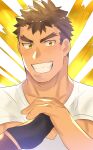  1boy bara brown_hair facial_hair forked_eyebrows gloves highres kengo_(tokyo_houkago_summoners) kihane_atsusane light_blush male_focus own_hands_together portrait shirt short_hair single_glove smile solo stubble thick_eyebrows tokyo_houkago_summoners upper_body white_shirt yellow_eyes 