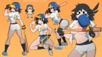  1girl arm_up baseball_bat baseball_cap baseball_helmet baseball_uniform black_eyes black_gloves black_hair black_legwear blue_headwear breasts bubble_blowing chewing_gum cleavage cowboy_shot gloves hat helmet index_finger_raised long_hair looking_at_viewer lucia_(scott_malin) medium_breasts midriff multiple_views navel open_clothes open_shirt orange_background original print_shirt scott_malin shirt shoes short_sleeves shorts simple_background socks sportswear tied_shirt watermark web_address white_footwear white_shirt white_shorts 