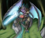  anthro armor claws clothing dragon erection forest genitals hamili horn lake looking_at_viewer male muscular muscular_male pecs penis plant rock scalie solo tree warrior weapon wings 