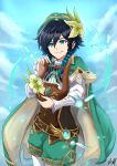  1boy androgynous arnoldtan93 bangs black_hair blue_hair blurry blurry_foreground braid cape cloud cloudy_sky day feathers flower frilled_sleeves frills genshin_impact gradient_hair green_eyes green_flower green_headwear hat hat_flower highres holding holding_instrument instrument leaf long_sleeves looking_at_viewer lyre male_focus multicolored_hair open_mouth outdoors shorts sky smile solo twin_braids venti_(genshin_impact) vision_(genshin_impact) 