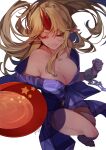  1girl absurdres alcohol bare_shoulders barefoot blonde_hair blue_kimono breasts cleavage clenched_hand collarbone commentary_request cup highres holding holding_cup horns hoshiguma_yuugi japanese_clothes kimono large_breasts long_hair pointy_ears red_eyes red_horns risui_(suzu_rks) sakazuki sake signature single_horn solo touhou 