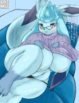  anthro big_breasts blush breasts clothed clothing clothing_lift eeveelution eringi female glaceon hi_res huge_breasts nintendo panties pok&eacute;mon pok&eacute;mon_(species) shirt shirt_lift solo topwear underwear video_games 