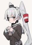  1girl amatsukaze_(kantai_collection) commentary_request dress fingers_together gloves grey_background grey_dress grey_neckwear hair_tubes kantai_collection long_hair monaka_ooji neckerchief sailor_collar sailor_dress silver_hair simple_background single_glove smokestack_hair_ornament solo two_side_up white_gloves white_sailor_collar windsock 