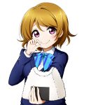  1girl bangs blazer blue_bow blue_jacket blush bow breasts brown_hair closed_mouth collared_shirt diagonal_stripes dress_shirt eyebrows_behind_hair food food_on_face hair_between_eyes highres holding holding_food jacket koizumi_hanayo kuena long_sleeves looking_at_viewer love_live! love_live!_school_idol_project medium_breasts onigiri outstretched_arm purple_eyes rice rice_on_face school_uniform shirt short_hair simple_background smile solo striped striped_bow upper_body white_background white_shirt 