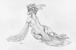  2018 accessory anthro armband avian beak bird bird_feet breasts butt cissa_(genus) clothed clothing corvid ecmajor eyelashes feather_in_hair feathered_wings feathers female greyscale hair hair_accessory hi_res looking_at_viewer looking_back magpie_(corvid) monochrome mostly_nude non-mammal_breasts oriental_magpie oscine passerine rear_view side_boob simple_background skimpy solo tail_feathers topless wings 