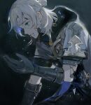  1boy albedo_(genshin_impact) bangs black_background black_gloves blue_eyes carm_(ruoyeahs) cracked_skin dated english_commentary genshin_impact gloves grey_hair highres hood hood_down hooded_jacket jacket male_focus ponytail short_sleeves shorts simple_background solo sparkle tears twitter_username 