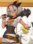  1girl bangs bea_(pokemon) black_bodysuit blush bodysuit bodysuit_under_clothes bow_hairband breasts brown_hairband closed_mouth collared_shirt commentary_request covered_navel dark_skin dark_skinned_female dynamax_band eyelashes gen_8_pokemon gloves grey_eyes grey_hair gym_leader hair_between_eyes hairband highres holding holding_weapon horns indoors katwo oni partially_fingerless_gloves pokemon pokemon_(creature) pokemon_(game) pokemon_swsh print_shirt setsubun shirt short_hair short_sleeves shorts side_slit side_slit_shorts single_glove sirfetch&#039;d tied_shirt weapon 
