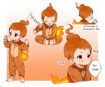  1boy barefoot blush brown_hair character_name chimchar clenched_hands commentary english_text fire gen_4_pokemon hands_up highres long_sleeves male_focus personification pokemon speech_bubble thebrushking thumbs_down toes tongue tongue_out zipper_pull_tab 