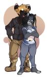  2018 african_wild_dog anthro arm_around_partner athletic barefoot big_ears black_hair black_nose boots bottomwear breast_squish breasts canid canine canis cargo_pants choker clothing crossed_arms denim denim_clothing duo eye_roll fari_paredes female footwear fur fur_pattern fuzzy_tail grey_body grey_fur grimace grin hair hi_res hoodie jacket jeans jewelry male male/female mammal multicolored_body multicolored_fur necklace one_eye_closed open_mouth orange_eyes pants romance shirt smile squish tizzle_bizzle topwear wink wolf 