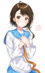  ! !? 1girl ? absurdres blue_skirt blush breasts brown_eyes brown_hair cowboy_shot hair_ornament hands_up highres looking_at_viewer nisekoi onodera_kosaki pleated_skirt sailor_collar school_uniform shiny shiny_hair short_hair skirt solo spoken_exclamation_mark spoken_question_mark tokkyu 