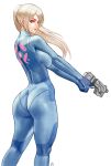  1girl ass bangs blonde_hair blue_bodysuit blue_eyes bodysuit breasts gun high_ponytail holding holding_gun holding_weapon kneepits large_breasts metroid paralyzer samus_aran sidelocks skin_tight tagme weapon zefrableu zero_suit 