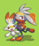  absurdres commentary_request fang fire gen_8_pokemon green_background hands_in_pockets highres nullma open_mouth paws pokemon pokemon_(creature) raboot red_eyes scorbunny shiny simple_background standing toes tongue 