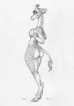  2018 anthro big_butt breast_grab breasts butt covering covering_breasts ecmajor eyelashes female giraffe giraffid greyscale hand_on_breast hi_res hooves horn long_neck looking_at_viewer looking_back mammal monochrome nude ossicone smile solo standing tail_tuft tuft 