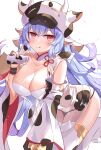  1girl :q animal_ears animal_print blue_hair blush bottle breasts cleavage collarbone cow_ears cow_hat cow_horns cow_print detached_sleeves draph earrings eyebrows_visible_through_hair granblue_fantasy highres horns jewelry large_breasts looking_at_viewer milk milk_bottle navel red_eyes serika shatola_(granblue_fantasy) sheer_clothes simple_background solo thighhighs tongue tongue_out v white_background white_legwear wide_sleeves 