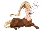  1girl animal_ears bikini blonde_hair blue_eyes blush breasts cenketsu centaur centorea_shianus cleavage full_body highres horse_ears horse_tail large_breasts long_hair lying monster_girl monster_musume_no_iru_nichijou navel ponytail purple_bikini simple_background sketch smile swimsuit tail thought_bubble white_background 