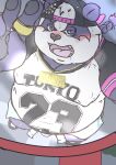  2021 absurd_res alp_(tas) anthro balls belly blush bodily_fluids clothing fangs fur genitals giant_panda hat headgear headwear hi_res humanoid_hands kemono magatsuhinokami male mammal overweight overweight_male penis purple_body purple_fur shirt solo sweat tokyo_afterschool_summoners topwear ursid video_games white_body white_fur 