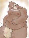  2021 anthro armpit_hair belly black_nose blush bodily_fluids body_hair bulge clothing goro_(live-a-hero) hi_res kemono live-a-hero male mammal moobs musk navel nipples obese obese_male overweight overweight_male pochizizi solo sweat tongue tongue_out underwear ursid video_games 