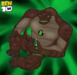  2009 4_fingers abstract_background alien anthro ben_10 bodily_fluids brown_body cartoon_network claws fingers front_view genital_fluids genitals glowing glowing_eyes green_background green_eyes hand_on_knee hand_on_leg humongousaur looking_at_viewer male masturbation nude penile penile_masturbation penis precum simple_background smile solo watermark zippo_(artist) 