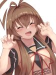  1girl ahoge bangs blush brown_hair claw_pose closed_eyes eyebrows_visible_through_hair fangs hair_between_eyes highres honmakaina_kudou huge_ahoge kantai_collection kuma_(kantai_collection) long_hair open_mouth red_neckwear remodel_(kantai_collection) sailor_collar short_sleeves sidelocks simple_background solo upper_body white_background 