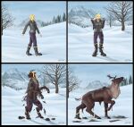  antlers black_border blonde_hair boots border brown_body brown_fur capreoline cervid clothing coat female feral footwear fur growth hair hi_res hooves horn human human_to_feral mammal mountain outside reindeer short_tail snow solo species_transformation thetigress topwear transformation winter 
