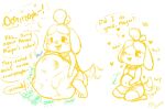  abdominal_bulge animal_crossing anthro belly big_belly canid canine dialogue digestion duo female isabelle_(animal_crossing) mammal nintendo oral_vore same_size_vore speech_bubble unknown_artist video_games vore 