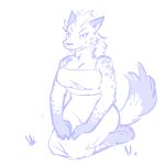 1:1 2014 anthro big_breasts blue_and_white breasts cleavage clothed clothing dress ensea female fluffy fluffy_tail gnoll hands_in_lap hyaenid kneeling mammal mane monochrome narrowed_eyes pawpads ria_(gnoll) simple_background sketch smile solo sundress wide_hips 