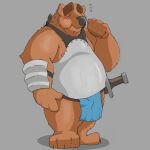  2020 anthro armor blush bottomwear brown_body brown_fur clothing fur hi_res humanoid_hands loincloth male mammal overweight overweight_male phillbeep_beepbop simple_background solo ursid weapon 