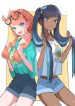  2girls alternate_costume alternate_hairstyle black_hair blue_eyes blue_eyeshadow blush character_print collarbone commentary_request dark_skin dark_skinned_female dark_skinned_male drednaw eyelashes eyeshadow eyewear_on_head gen_8_pokemon green_eyes green_hair green_shirt hair_ornament highres long_hair looking_at_viewer makeup multicolored_hair multiple_girls nessa_(pokemon) open_mouth orange_hair otyaduke pokemon pokemon_(game) pokemon_swsh shiny shiny_skin shirt short_eyebrows short_shorts shorts sidelocks smile sonia_(pokemon) star_(symbol) star_hair_ornament sunglasses tongue twintails twintails_day two-tone_hair yamper 