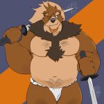  2020 anthro asian_clothing belly black_nose brown_body brown_fur clothing east_asian_clothing fundoshi fur hi_res humanoid_hands japanese_clothing male mammal melee_weapon moobs overweight overweight_male phillbeep_beepbop solo sword underwear ursid weapon 