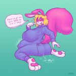  1:1 3_toes abdominal_bulge anal anal_vore anthro big_breasts breasts butt butt_flap clothing dialogue duo feet female hi_res huge_breasts keffotin lagomorph leporid mammal pajamas paws rabbit same_size_vore soles speech_bubble toes vore 