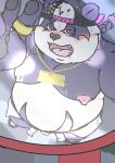  2021 absurd_res alp_(tas) anthro balls belly blush bodily_fluids clothing fangs fur genitals giant_panda hat headgear headwear hi_res humanoid_hands kemono magatsuhinokami male mammal moobs nipples overweight overweight_male penis purple_body purple_fur solo sweat tokyo_afterschool_summoners ursid video_games white_body white_fur 