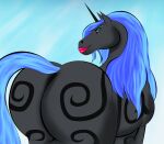  big_butt bigboy4025_(artist) blue_eyes blue_hair butt cloudscape equid equine female feral hair hi_res horn horse huge_butt lipstick looking_at_viewer looking_back makeup mammal presenting presenting_hindquarters raised_tail sky solo unicorn unicorn_horn 