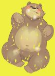  2021 belly black_nose blush brown_body brown_fur eyes_closed feral food fur gayousi7 hi_res honey_(food) kemono lying mammal navel overweight paws simple_background solo tongue tongue_out ursid yellow_background 