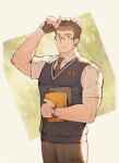  1boy alternate_costume arm_up bara black_hair book brown_hair chataro1412 collared_shirt cowboy_shot glasses hand_on_own_head holding holding_book looking_at_viewer male_focus necktie pectorals rimless_eyewear shiro_(tokyo_houkago_summoners) shirt short_hair solo thick_eyebrows tokyo_houkago_summoners toned toned_male white_shirt 