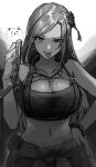  1girl bangs bare_shoulders bracelet breasts cleavage collar crop_top earrings greyscale hair_ornament hand_on_hip highres idolmaster idolmaster_cinderella_girls jewelry large_breasts long_hair monochrome mukai_takumi navel necklace parted_bangs ro_torobo sketch skirt stomach tongue tongue_out 