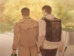  2boys alternate_costume backpack bag bara black_hair black_pants blurry blurry_background blush brown_coat brown_hair chataro1412 coat couple ear_blush from_behind glasses holding_hands interlocked_fingers jacket looking_at_another male_focus master_3_(tokyo_houkago_summoners) multiple_boys pants rimless_eyewear shiro_(tokyo_houkago_summoners) shopping_bag short_hair smile thick_eyebrows tokyo_houkago_summoners white_jacket yaoi 