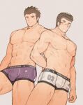  2boys abs ass_grab bara black_hair blush boxer_briefs brown_hair bulge chataro1412 couple feet_out_of_frame glasses looking_at_another male_focus male_underwear master_3_(tokyo_houkago_summoners) multiple_boys muscular muscular_male navel nipples pectorals print_male_underwear purple_male_underwear rimless_eyewear shiro_(tokyo_houkago_summoners) short_hair smile sweatdrop thick_eyebrows thick_thighs thighs tokyo_houkago_summoners underwear underwear_only white_male_underwear yaoi 