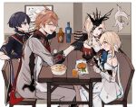  2boys 2girls bangs bare_shoulders black_gloves blonde_hair blue_eyes blue_hair blush bottle bowl breasts brown_hair chopsticks collarbone cup detached_sleeves dress drinking elbow_gloves eyebrows_visible_through_hair food furrowed_eyebrows genshin_impact gloves gnsnkk hair_between_eyes highres holding holding_chopsticks holding_cup holding_spoon jacket japanese_clothes jewelry long_hair long_sleeves lumine_(genshin_impact) male_focus mug multiple_boys multiple_girls napkin one_eye_covered open_mouth orange_hair purple_eyes purple_hair scaramouche short_hair signora simple_background smile solo spoon sweat table tartaglia_(genshin_impact) vegetable white_dress wooden_table yellow_eyes 