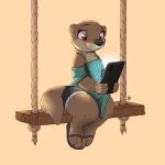  1:1 2021 absurd_res anthro bottomwear brown_body brown_fur cellphone clothed clothing female fully_clothed fur hi_res holding_cellphone holding_object holding_phone louart lutrine mammal mustelid phone shorts simple_background sitting slippers smile solo tan_background whiskers 