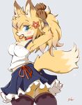  1girl adjusting_hair animal_ears ass bangs blonde_hair blue_eyes bracelet choker closed_mouth flower fox fox_ears fox_girl fox_tail furry hair_flower hair_ornament hair_tie_in_mouth jewelry looking_at_viewer moriguru77 mouth_hold nipples original ponytail simple_background skirt solo standing tail tank_top thighhighs thong tying_hair upskirt white_background 