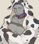  1boy animal_costume animal_print bara bare_pecs beard blush chinese_zodiac collar colored_skin cow_boy cow_costume cow_print crossed_arms facial_hair final_fantasy green_skin highres looking_away male_focus muscular muscular_male original pectoral_press pectorals pink_eyes purple_hair short_hair solo uori upper_body year_of_the_ox 