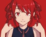  1girl bare_shoulders black_shirt commentary drill_hair hands_on_own_shoulders kasane_teto looking_at_viewer portrait red_background red_eyes red_hair shirt short_hair sleeveless sleeveless_shirt smile solo twin_drills twintails_day utau yasutange 