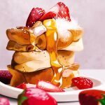  blurry blurry_background blurry_foreground breakfast close-up coconut_flake commentary depth_of_field english_commentary food food_focus french_toast fruit highres honey no_humans original plate strawberry victoria_putinski 