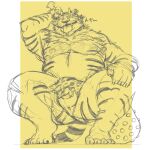  2021 anthro balls belly bottomwear clothing felid genitals hi_res horn ikaring japanese_text kemono loincloth male mammal moobs nipples overweight overweight_male pantherine penis sketch solo text tiger tongue tongue_out weapon 