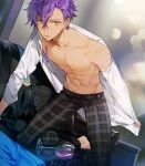 1boy abs alcohol arm_support artist_name bangs barefoot belt black_belt black_pants collarbone collared_shirt commentary_request couch crossed_bangs cup dark_skin dark_skinned_male dress_shirt drinking_glass ensemble_stars! flipped_hair hair_between_eyes long_sleeves looking_at_viewer male_focus navel neckwear_removed open_clothes open_shirt otogari_adonis pants pillow plaid plaid_pants purple_hair school_uniform shirt shirt_lift short_hair signature solo spill standing standing_on_one_leg sukja toned toned_male white_shirt wine wine_glass yellow_eyes yumenosaki_school_uniform 