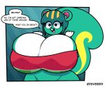  2021 animal_crossing anthro bangs big_breasts black_eyes blunt_bangs border bottomless breasts buckteeth cleavage clothed clothing curvy_figure dewy-eyedboy dialogue digital_media_(artwork) english_text eyelashes female fur green_body green_fur green_hair hair huge_breasts mammal multicolored_body multicolored_fur navel nibbles_(animal_crossing) nintendo open_mouth open_smile rodent sciurid signature smile solo speech_bubble standing teeth text topwear tube_top video_games voluptuous white_body white_border white_fur wide_hips yellow_body yellow_fur 