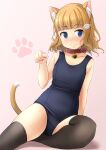  1girl animal_ear_fluff animal_ears bangs bare_arms bare_shoulders bell bell_collar black_legwear black_swimsuit blonde_hair blue_eyes blunt_bangs blush cat_ears cat_girl cat_tail closed_mouth collar collarbone commentary_request eyebrows_visible_through_hair feet_out_of_frame hair_ornament hairclip hand_up highres jingle_bell old_school_swimsuit original paw_hair_ornament paw_pose pink_background red_collar school_swimsuit shadow shibacha smile solo swimsuit tail thighhighs 